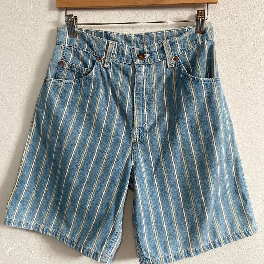 Levi's 951 90s Vintage Orange Tab "Relaxed Fit" Longline Yellow Striped Shorts - Picture 5 of 7